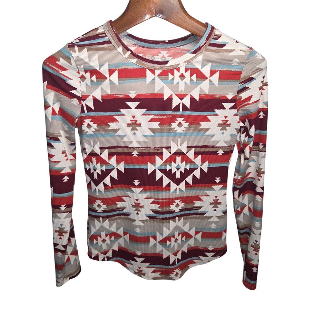 No Boundaries Southwestern Aztec Print Ribbed Long Sleeve Top M 7-9